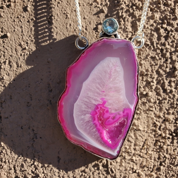 New Pink Agate Druzy & Apatite 925 Silver Necklace. - Picture 10 of 15